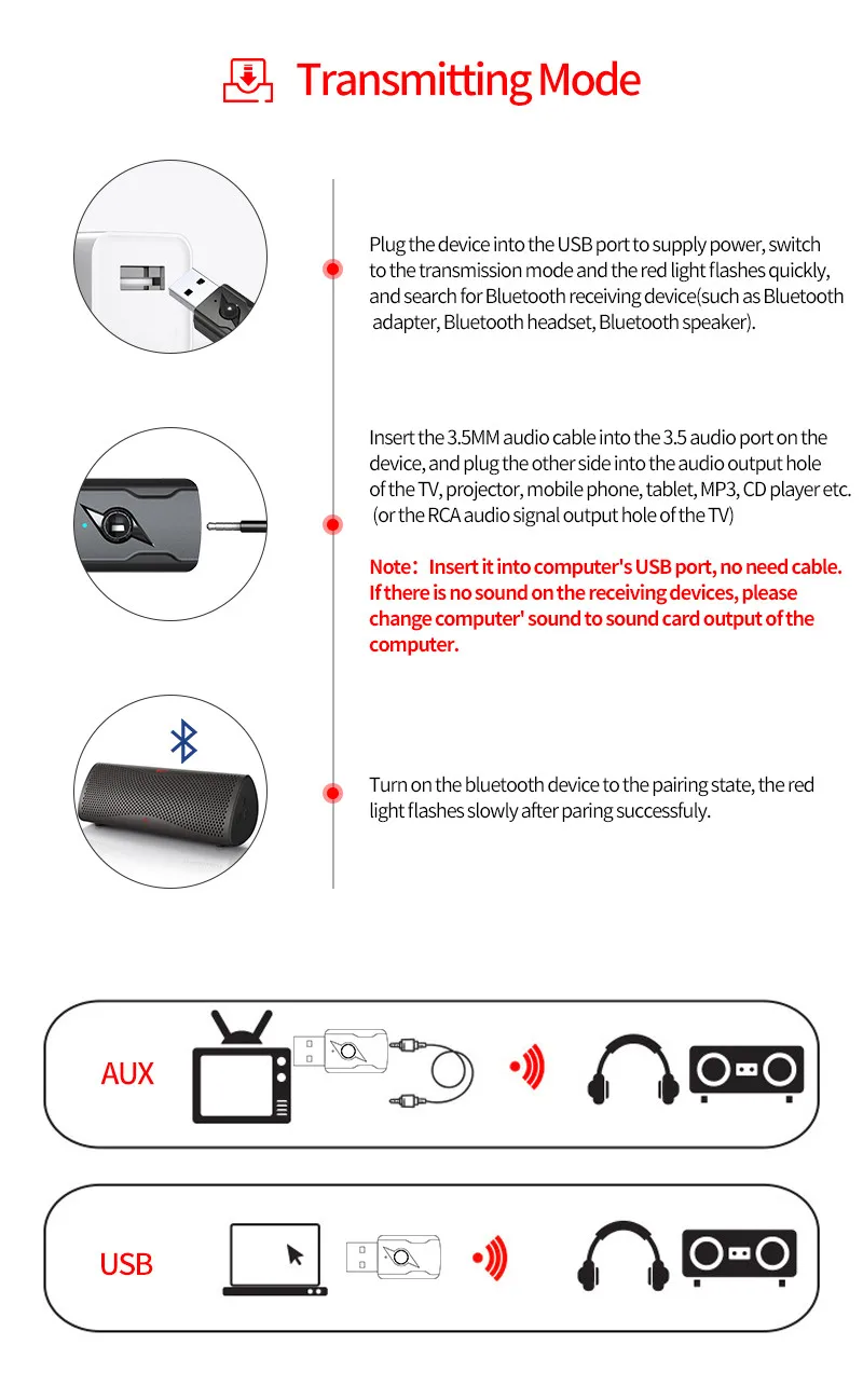USB & 3.5mm AUX Bluetooth 5.3 Dongle Audio Receiver Transmitter