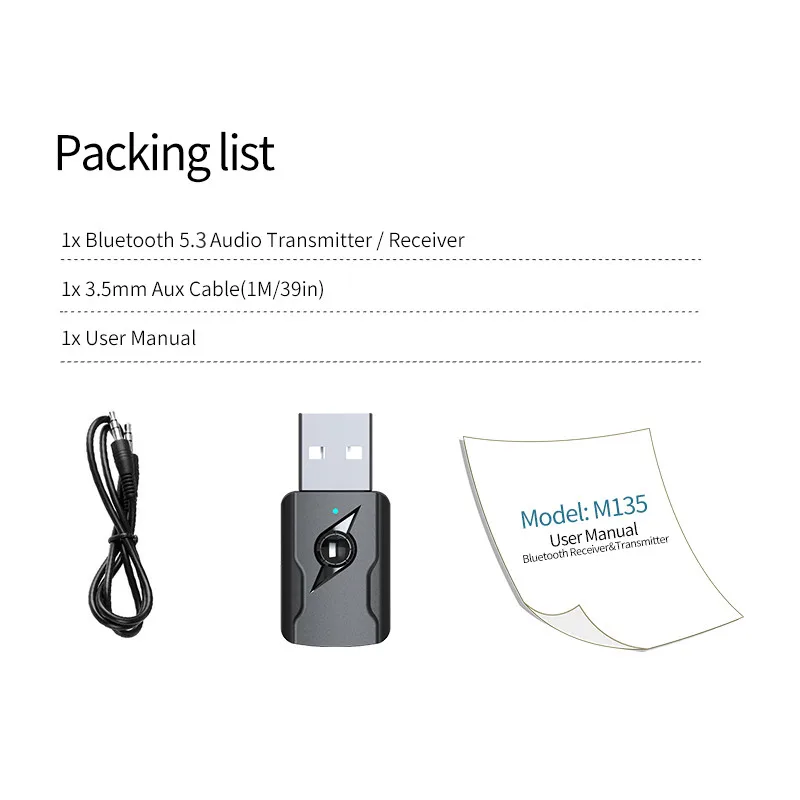 USB & 3.5mm AUX Bluetooth 5.3 Dongle Audio Receiver Transmitter