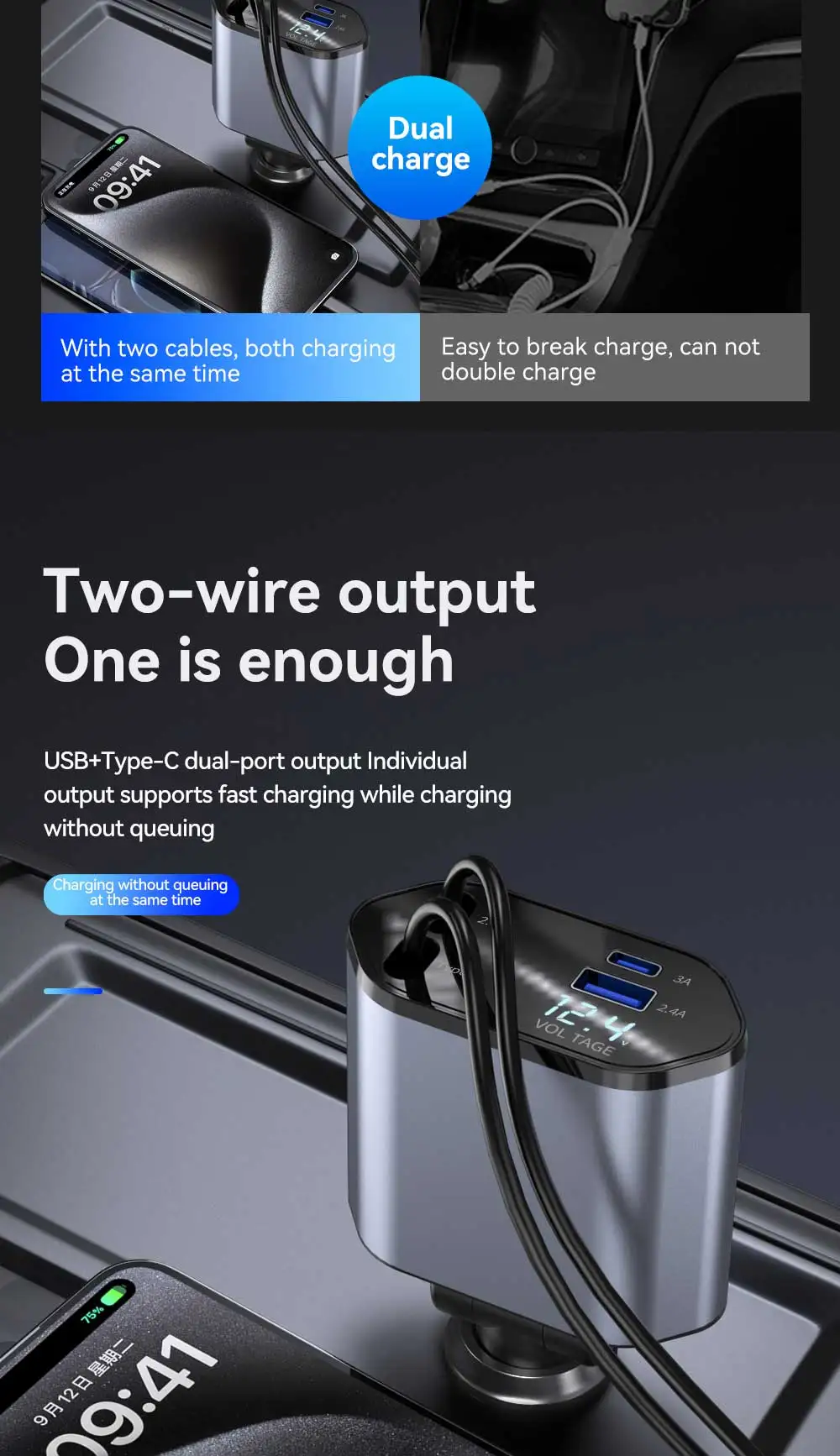 Retractable Car Charger, 4 in 1 Fast Charging Car Charger