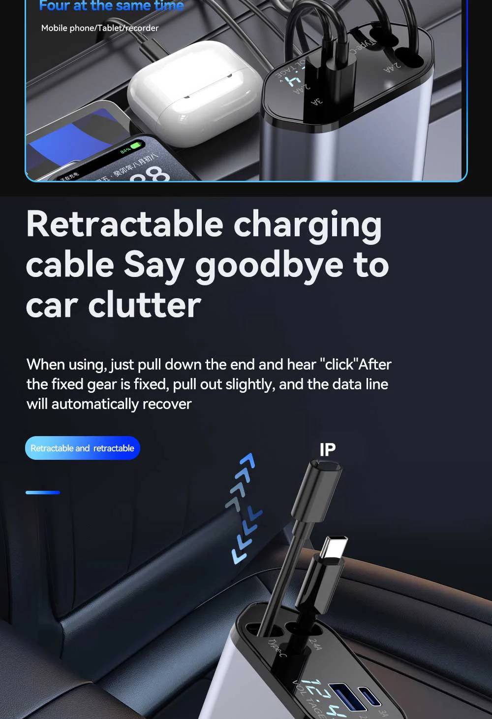 Retractable Car Charger, 4 in 1 Fast Charging Car Charger