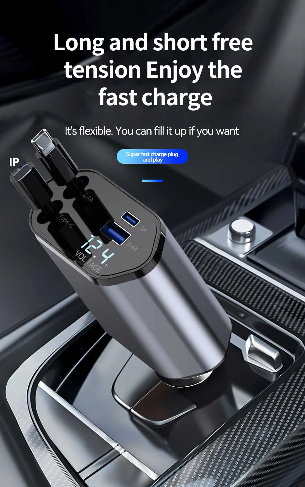 Retractable Car Charger, 4 in 1 Fast Charging Car Charger