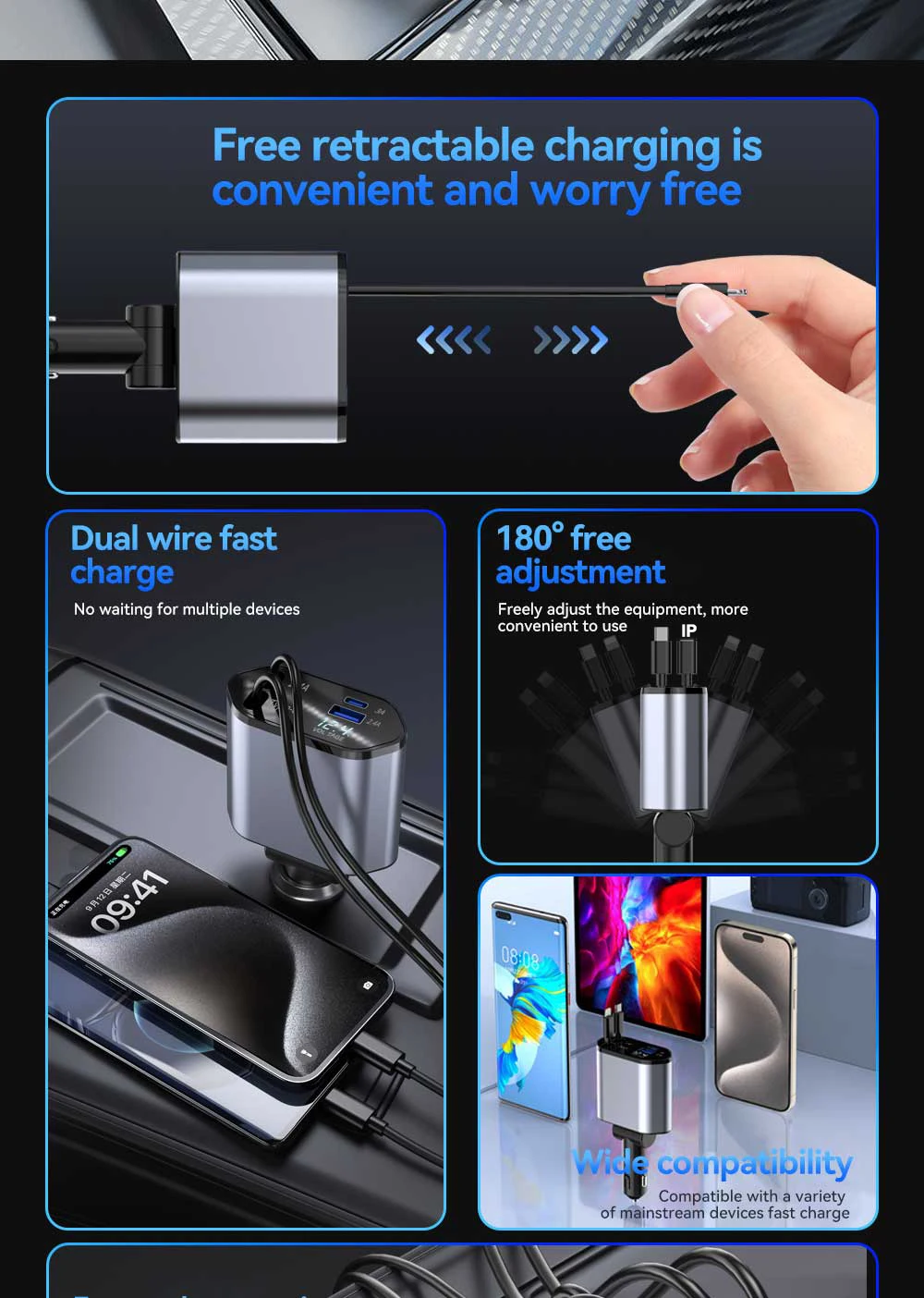 Retractable Car Charger, 4 in 1 Fast Charging Car Charger