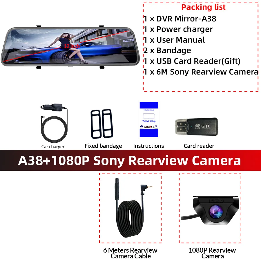 ACCEO A38 12 Inch Touch Screen WIFI Car Room Mirror Video Recorder