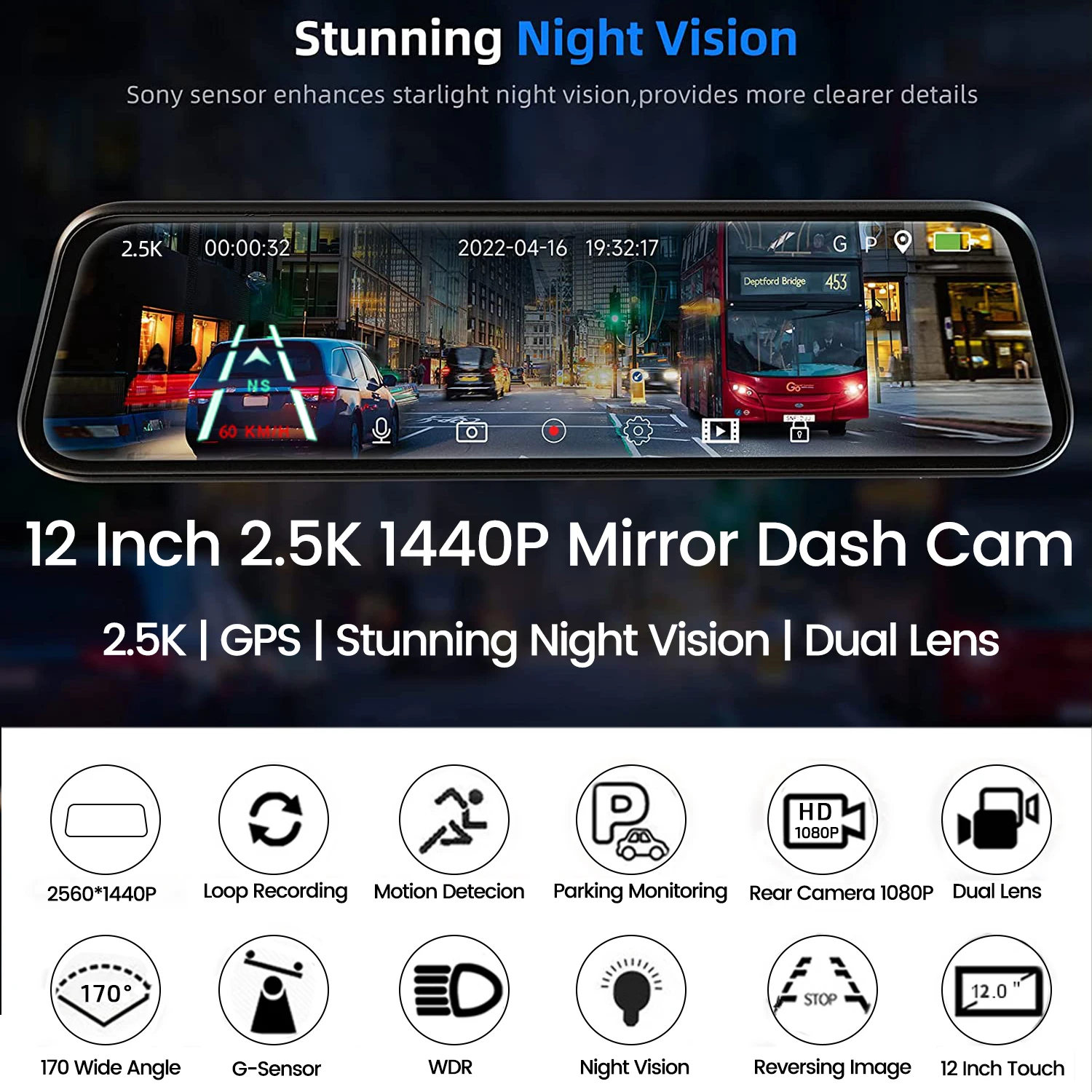 ACCEO A38 12 Inch Touch Screen WIFI Car Room Mirror Video Recorder