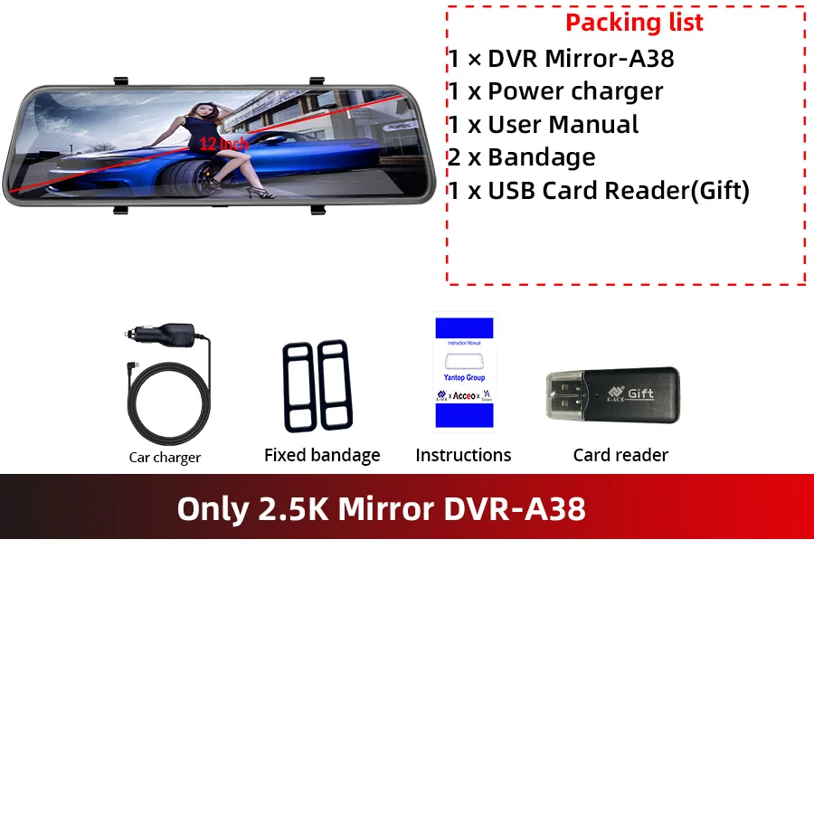 ACCEO A38 12 Inch Touch Screen WIFI Car Room Mirror Video Recorder