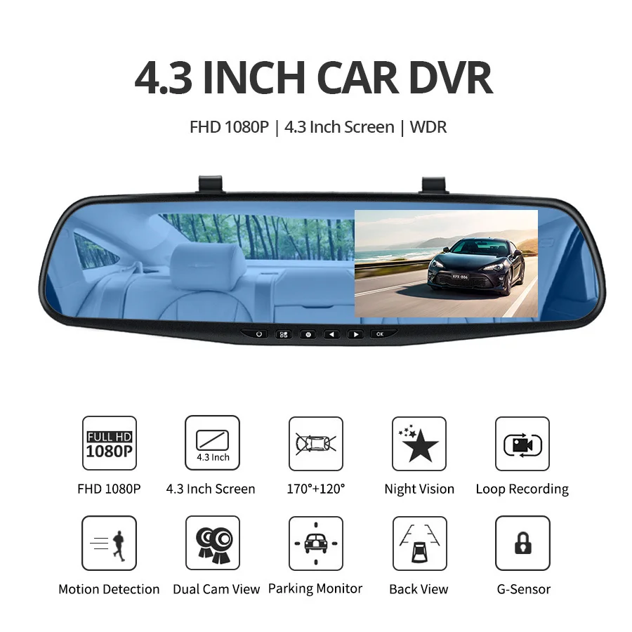 E-ACE Dashcam Car Dvr 4.3 Inch Mirror