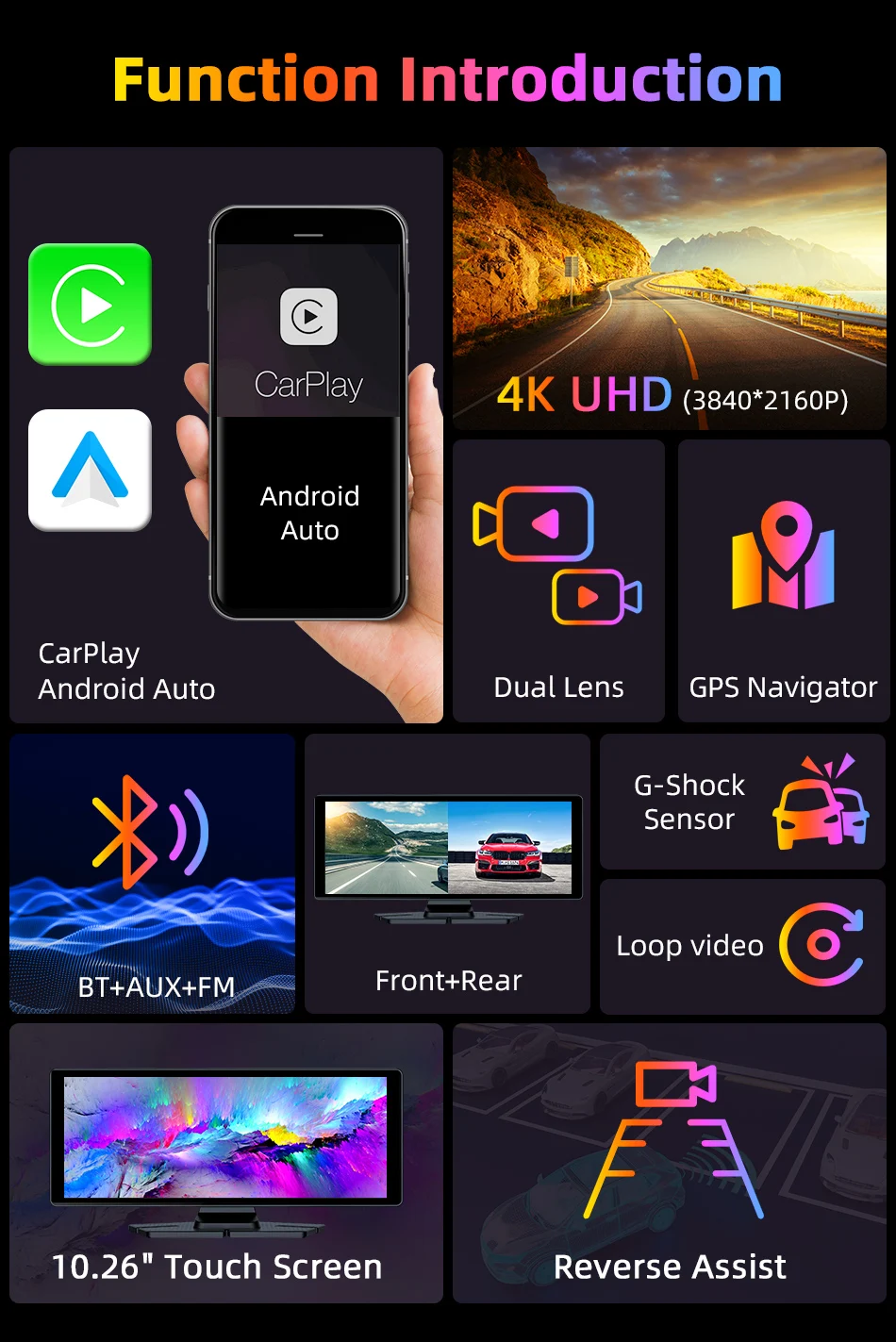 Srnubi 10.26 Inch 4K Dash Cam Rearview CameraRs