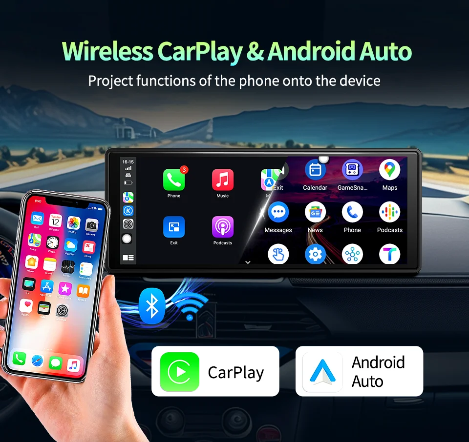 Imagebon Android 13 Dash Cam Wireless CarPlay & Android Auto Car DVR GPS