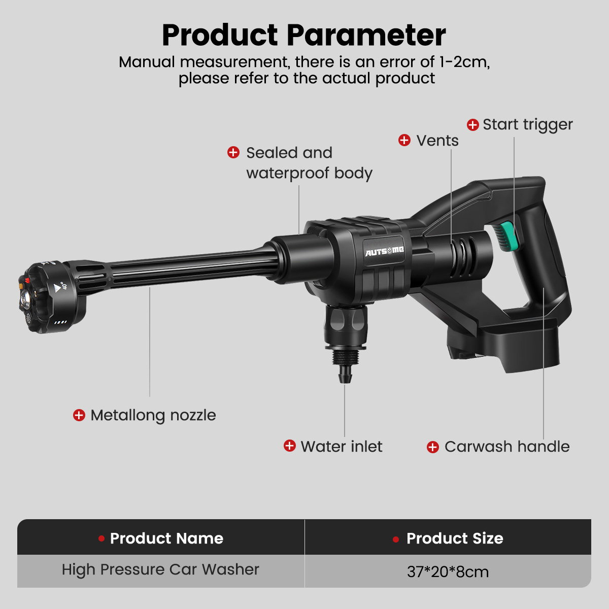 500W 100Bar Cordless Portable High Pressure Car Washer Gun