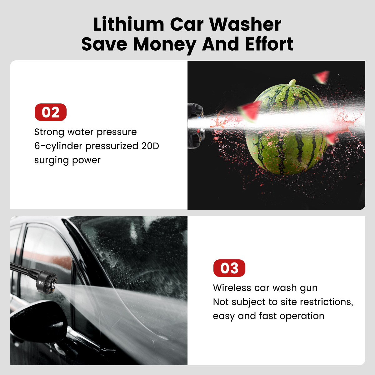 500W 100Bar Cordless Portable High Pressure Car Washer Gun